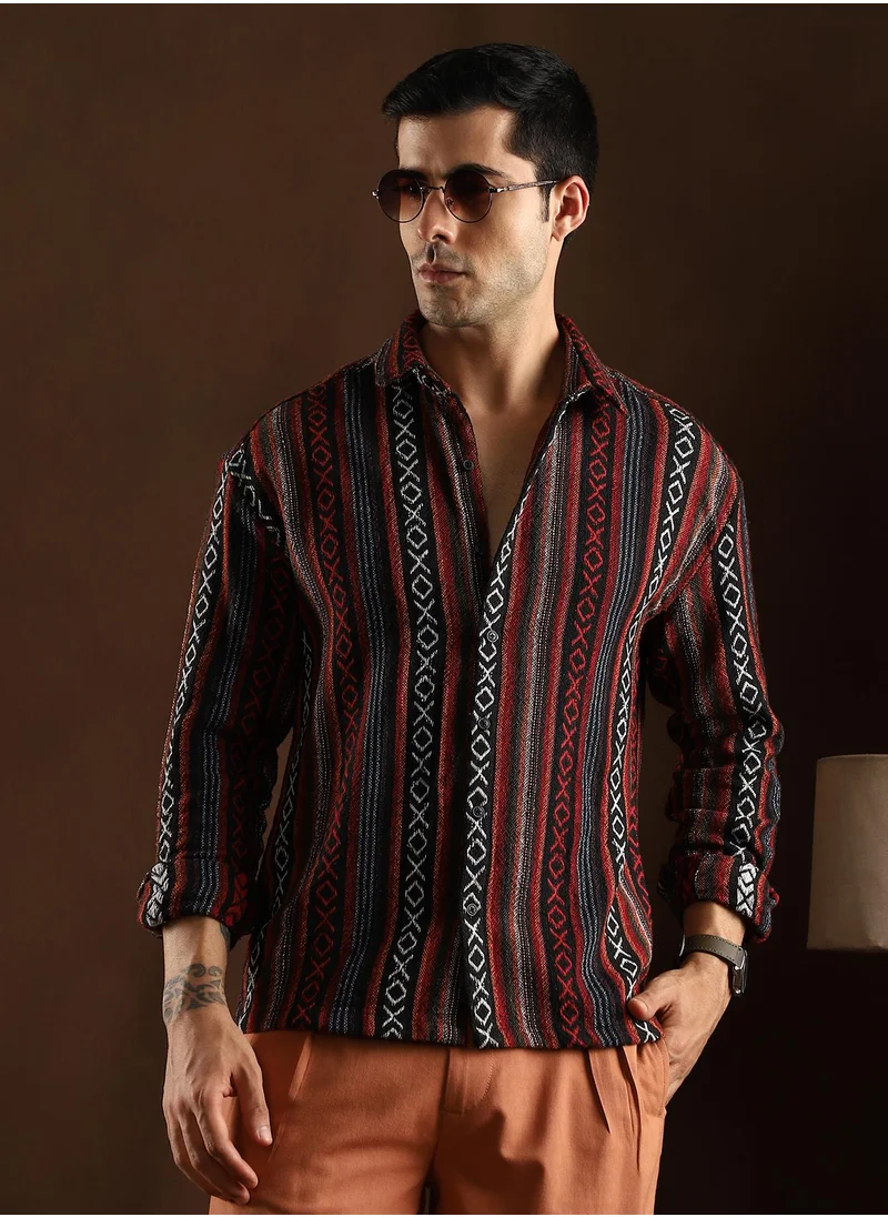 Campus Sutra Campus Sutra Men's Scarlet Red & Obsdian Black Folk-Weave Shirt For Casual Wear | Mid-Rise | Regular Fit | Button Closure | Shirt Crafted With Comfort Fit For Everyday Wear