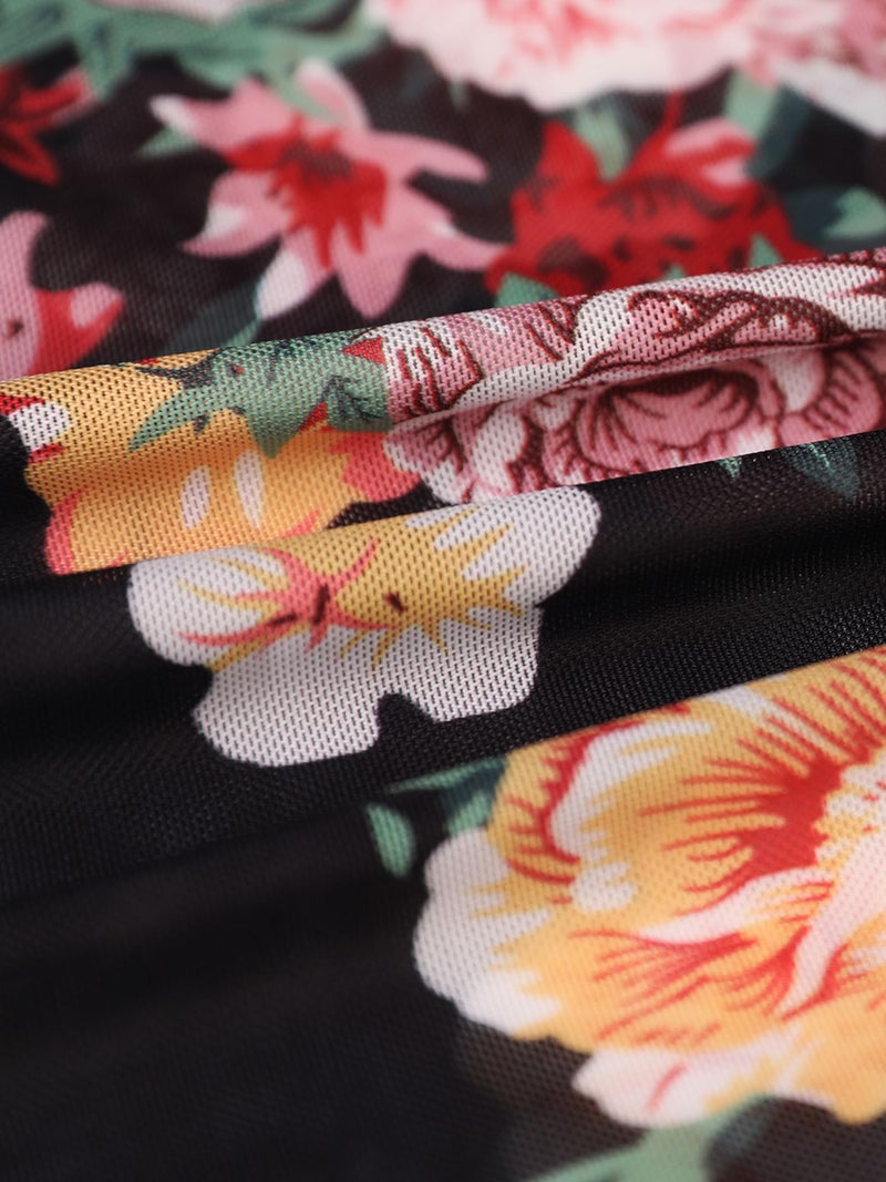 OFEEFAN Mesh Tops for Women Floral Printed Sexy See Through Blouses Mock Neck Tops Multi-Flower M - Image 5