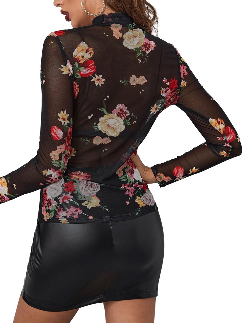 OFEEFAN Mesh Tops for Women Floral Printed Sexy See Through Blouses Mock Neck Tops Multi-Flower M - Image 4