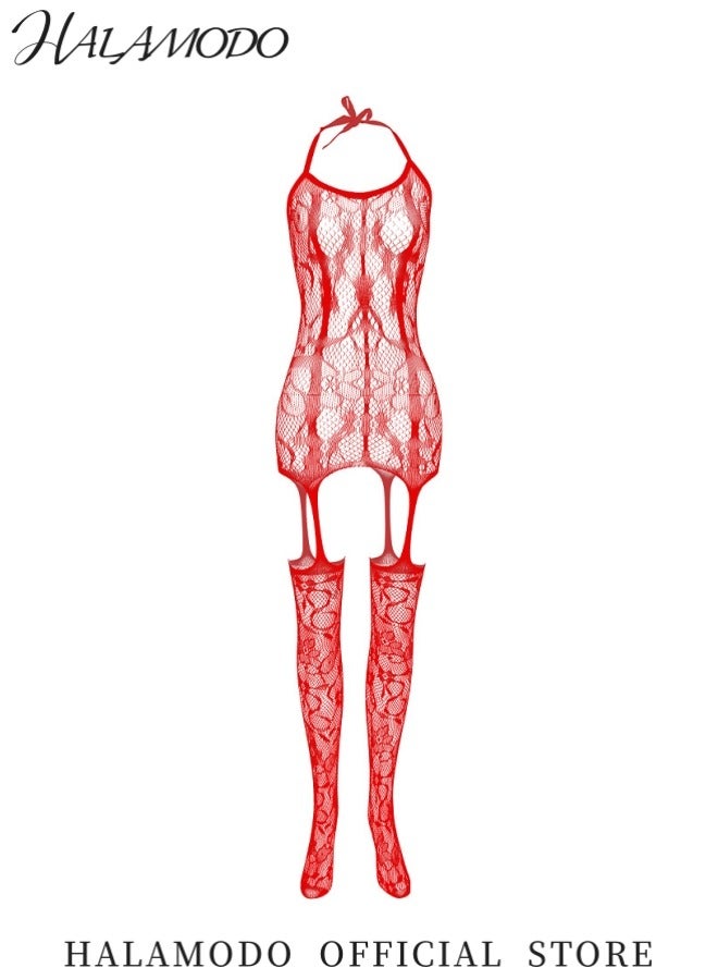 HALAMODO Women's Elegant Sleepwear Set Featuring Lace Bodysuit Camisole Top and Suspender Stockings with Plus-Size Slim-Fit Design Ideal for Home Relaxation and Special Occasions  - Image 4