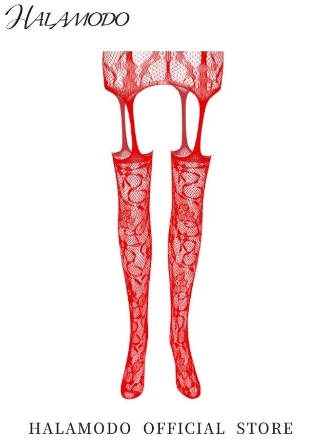 HALAMODO Women's Elegant Sleepwear Set Featuring Lace Bodysuit Camisole Top and Suspender Stockings with Plus-Size Slim-Fit Design Ideal for Home Relaxation and Special Occasions  - Image 3