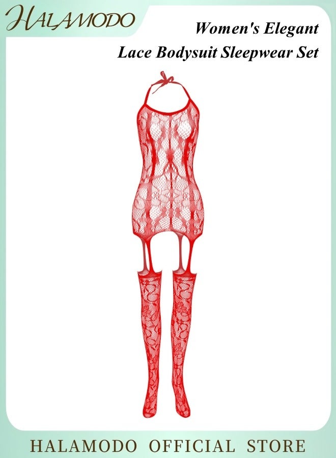 HALAMODO Women's Elegant Sleepwear Set Featuring Lace Bodysuit Camisole Top and Suspender Stockings with Plus-Size Slim-Fit Design Ideal for Home Relaxation and Special Occasions  - Image 1