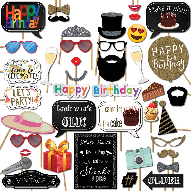 Birthday Photo Booth Props 41pc Kit with 8 x 10Inch Sign 60 Adhesive Pads 45 Sticks
