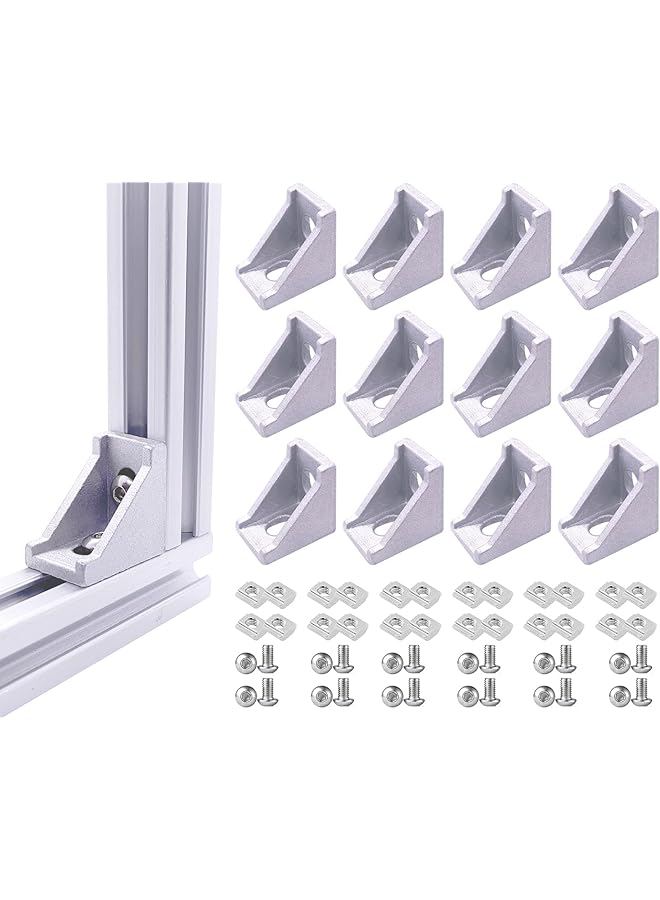 PROMASS promass 12 Set 2020 Series Aluminum Profile Connectors, 20pcs 28x28x20mm L Corner Bracket,with Sliding T Nuts and Bolts for 1010 or 2020 Aluminum Extrusion Profiles(Silver)  - Image 1