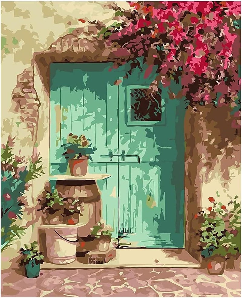 الرسم بالأرقام للبالغين والأطفال والمبتدئين، الرسم بالأرقام على القماش، الرسم بالأرقام للبالغين بنفسك، مجموعات الرسم بالأكريليك بنفسك، فنون وحرف الرسم الزيتي للباب الأزرق لديكور الجدران المنزلية، 16 × 20 بوصة - Image 1
