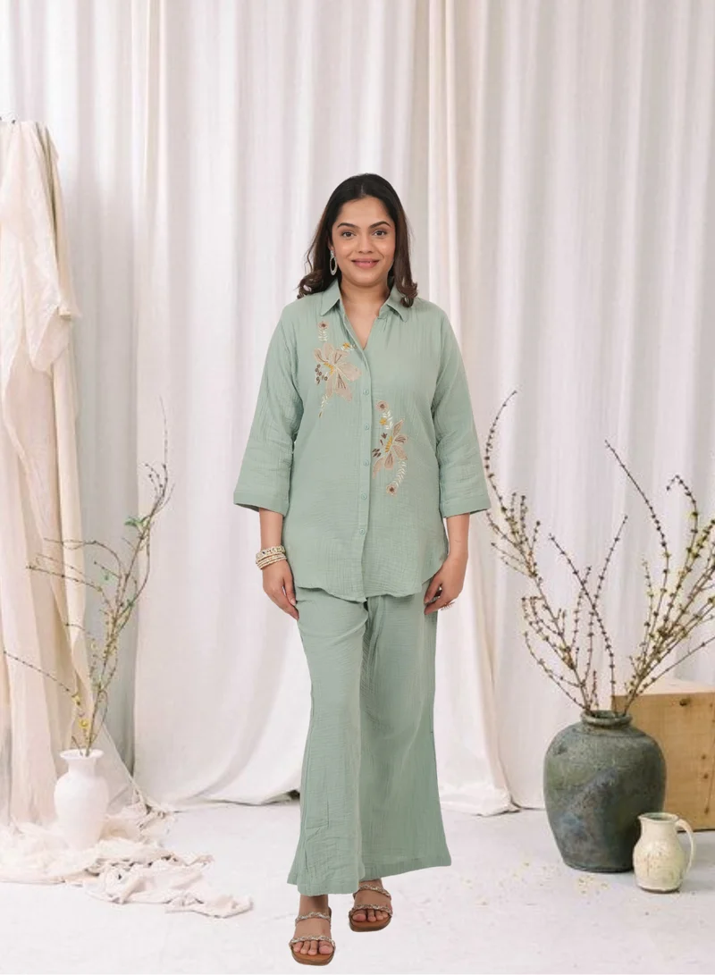 Lehar Sage Green Cotton Kurta Set with Floral Embroidery