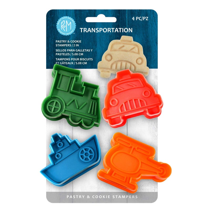 RM Transportation Theme Cookie Cutter Stamper 4 Piece Set Assorted Colors Train Boat Helicopter Car Cookie Stamper