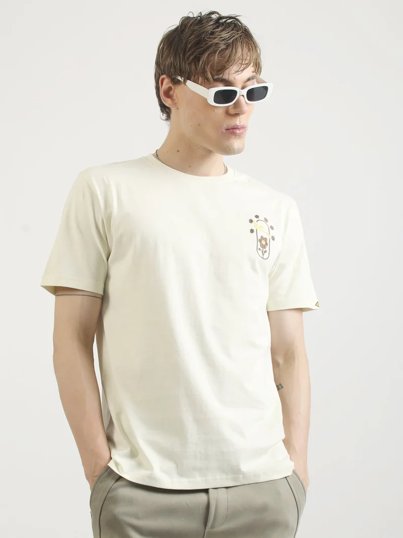 مانياك Maniac Mens Printed Round Neck Half Sleeve Black and Brown Cotton T-Shirt