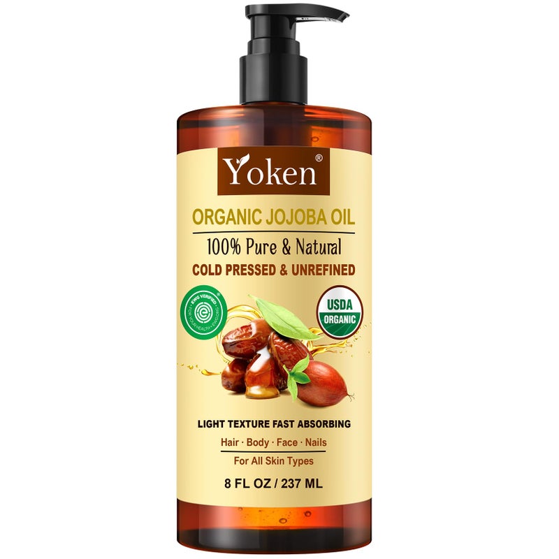 Yoken USDA Organic Jojoba Oil Cold Pressed 8 fl oz, 100% Pure & Natural Unrefined Jojoba Oil for Face Hair & Skin Massage, Hexane Free, Deeply Moisturizing Body Carrier oils Multi-Purpose Serum - Image 1