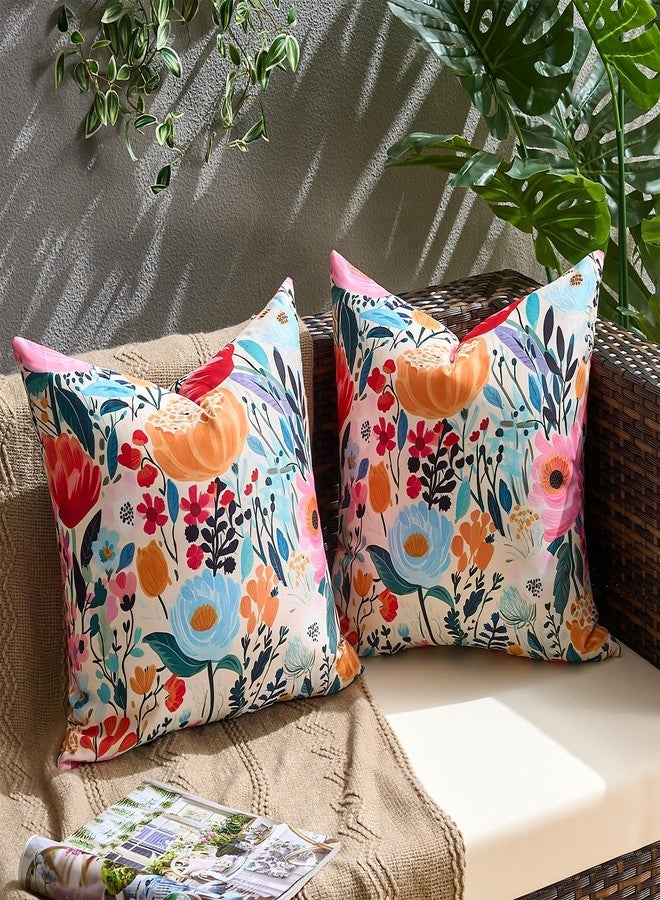 KWLET Outdoor Waterproof Throw Pillow Covers Set of 2 Floral Printed Blue Pink Orange Red Flower Pillowcase Farmhouse Outdoor Pillow Covers Square 18x18 Inch for Sofa Garden Patio Funiture Bench - Image 3
