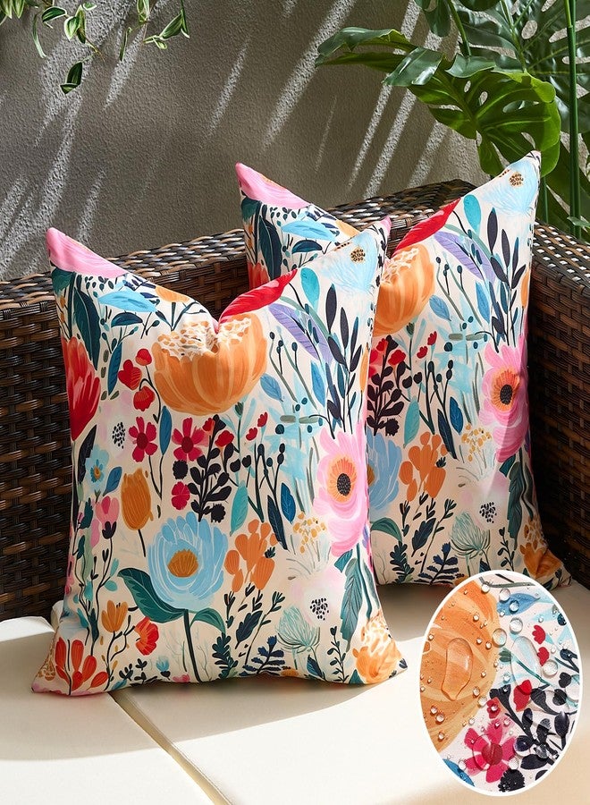 KWLET Outdoor Waterproof Throw Pillow Covers Set of 2 Floral Printed Blue Pink Orange Red Flower Pillowcase Farmhouse Outdoor Pillow Covers Square 18x18 Inch for Sofa Garden Patio Funiture Bench - Image 2
