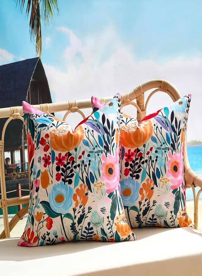 KWLET Outdoor Waterproof Throw Pillow Covers Set of 2 Floral Printed Blue Pink Orange Red Flower Pillowcase Farmhouse Outdoor Pillow Covers Square 18x18 Inch for Sofa Garden Patio Funiture Bench - Image 1
