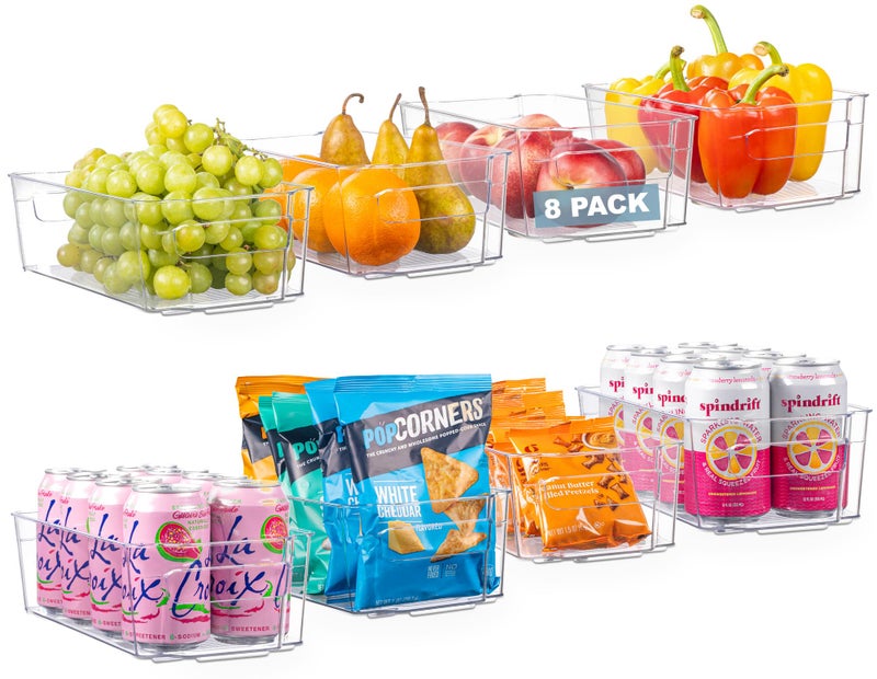 Oizeir 8 Pack Clear Plastic Fridge Organizer Bins  Stackable Refrigerator  Pantry Storage Bins with Handles for Snacks Freezer Kitchen Cupboard and Cabinet Organization