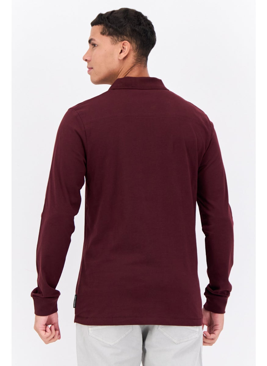 French Connection - Men Regular Fit Long Sleeves Brand Logo Polo Shirt, Maroon - Image 1