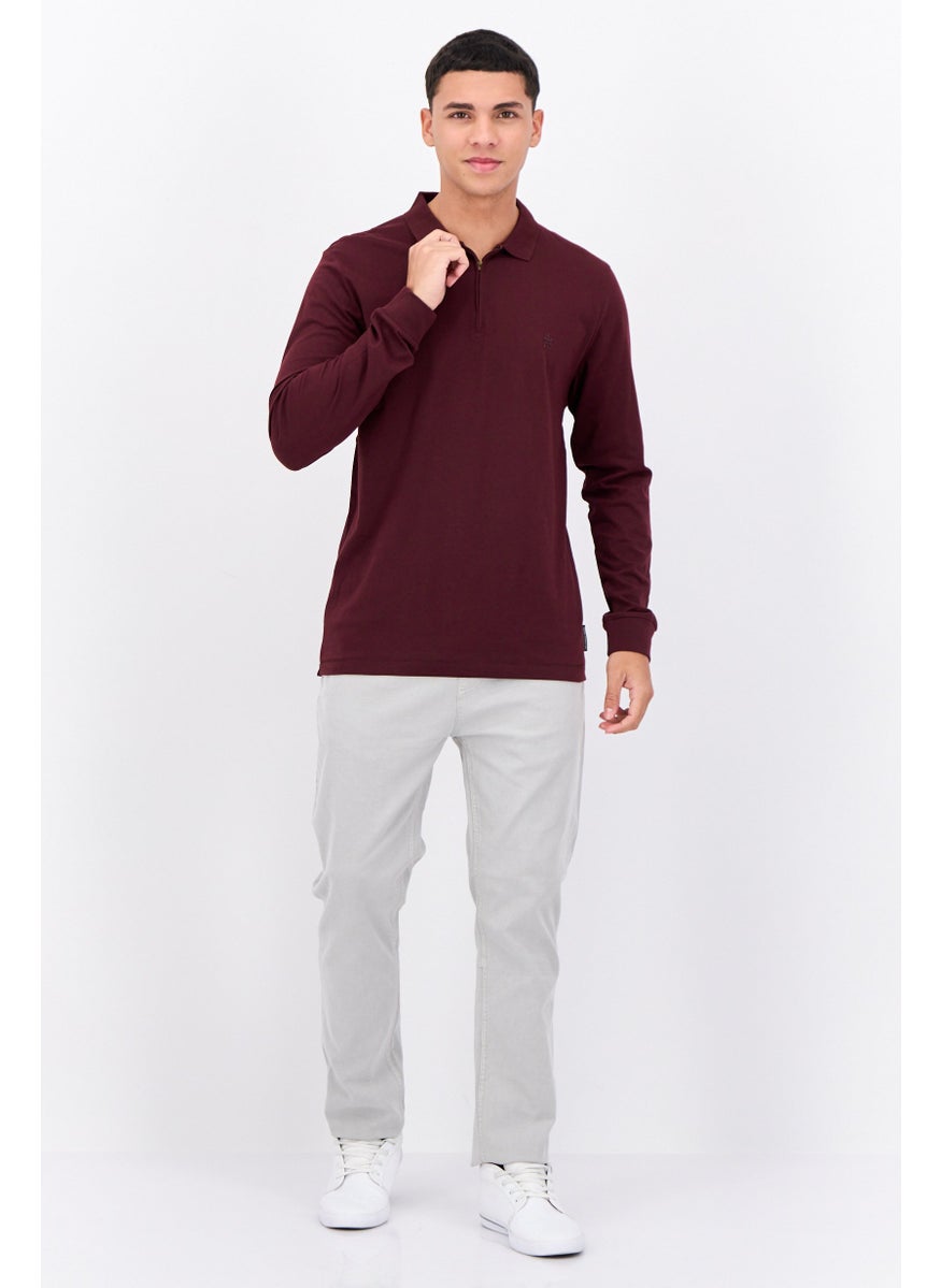 French Connection - Men Regular Fit Long Sleeves Brand Logo Polo Shirt, Maroon - Image 1