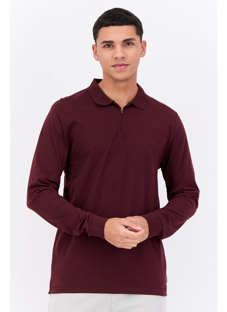 French Connection - Men Regular Fit Long Sleeves Brand Logo Polo Shirt, Maroon - Image 1