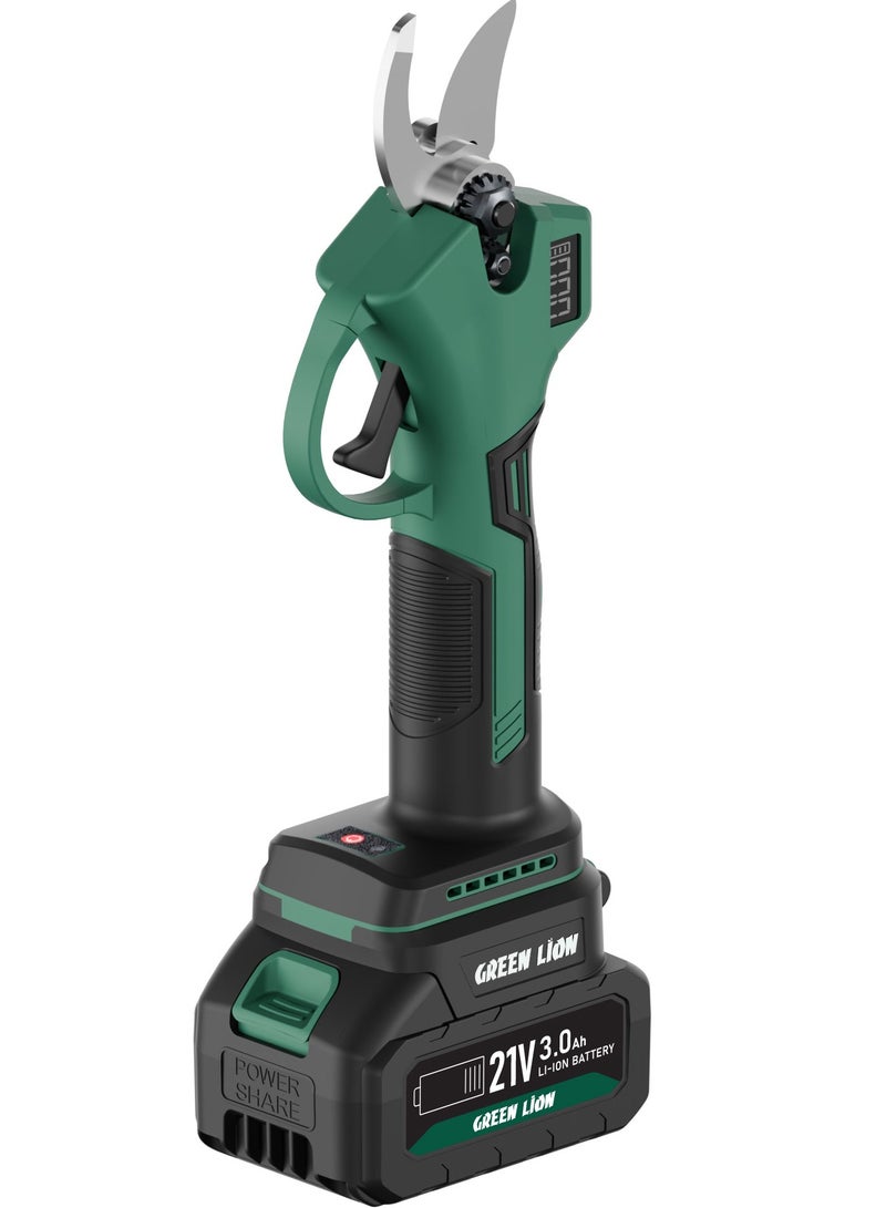 جرين ليون مقص تقليم كهربائي لاسلكي بمحرك بدون فحمات وقوة 400 واط، مقص لأغصان الأشجار مع بطاريتين ليثيوم أيون قابلة للشحن سعة 3.0 أمبير، قطر قطع 27 مم - أخضر/أسود - Image 1