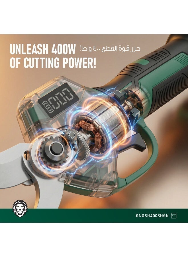 جرين ليون مقص تقليم كهربائي لاسلكي بمحرك بدون فحمات وقوة 400 واط، مقص لأغصان الأشجار مع بطاريتين ليثيوم أيون قابلة للشحن سعة 3.0 أمبير، قطر قطع 27 مم - أخضر/أسود - Image 3