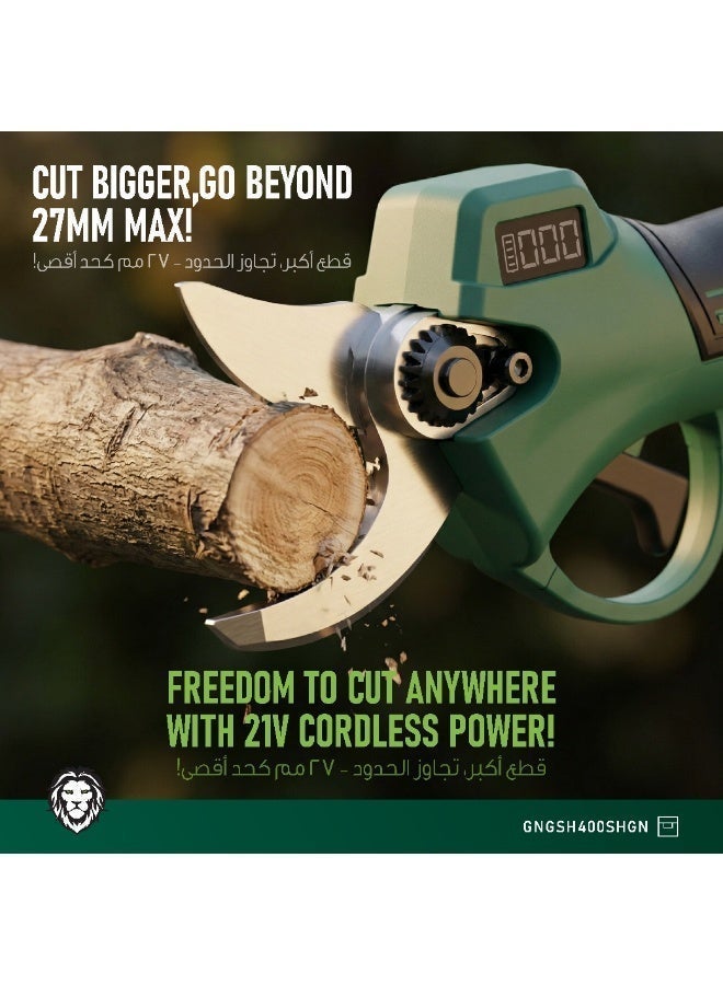 جرين ليون مقص تقليم كهربائي لاسلكي بمحرك بدون فحمات وقوة 400 واط، مقص لأغصان الأشجار مع بطاريتين ليثيوم أيون قابلة للشحن سعة 3.0 أمبير، قطر قطع 27 مم - أخضر/أسود - Image 4