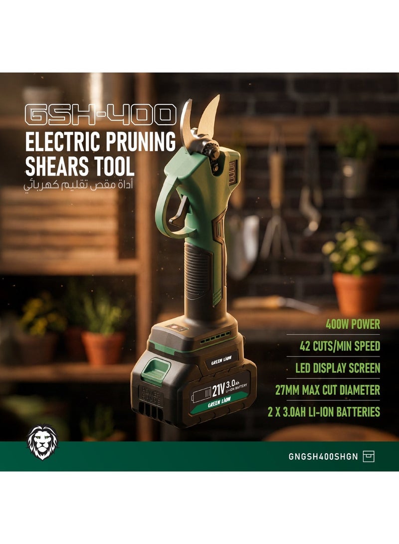 جرين ليون مقص تقليم كهربائي لاسلكي بمحرك بدون فحمات وقوة 400 واط، مقص لأغصان الأشجار مع بطاريتين ليثيوم أيون قابلة للشحن سعة 3.0 أمبير، قطر قطع 27 مم - أخضر/أسود - Image 2