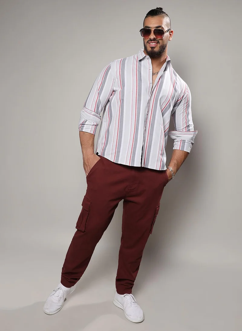 Instafab Plus Instafab Plus Men's Multicolour Multitrack Striped Button Up Plus-Size Fit Shirt For Casual Wear | Cotton Shirt Crafted With Regular Sleeve & Comfort Fit For Everyday Wear