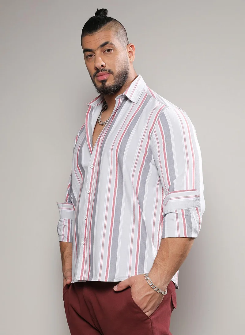 Instafab Plus Instafab Plus Men's Multicolour Multitrack Striped Button Up Plus-Size Fit Shirt For Casual Wear | Cotton Shirt Crafted With Regular Sleeve & Comfort Fit For Everyday Wear