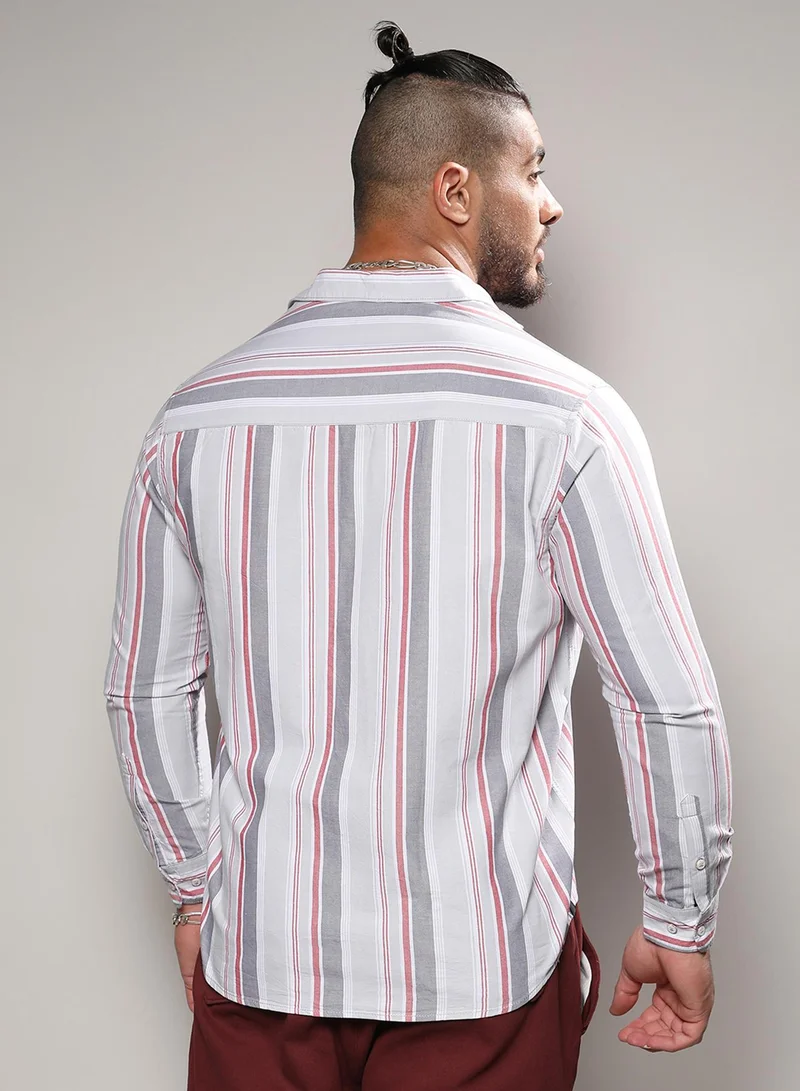 Instafab Plus Instafab Plus Men's Multicolour Multitrack Striped Button Up Plus-Size Fit Shirt For Casual Wear | Cotton Shirt Crafted With Regular Sleeve & Comfort Fit For Everyday Wear