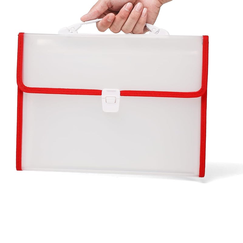 Neomate Expanding File Folder with Handle | 13-Pocket A4/FS Size Document and Certificate Organizer | Transparent Accordion Folder | Red - Image 2