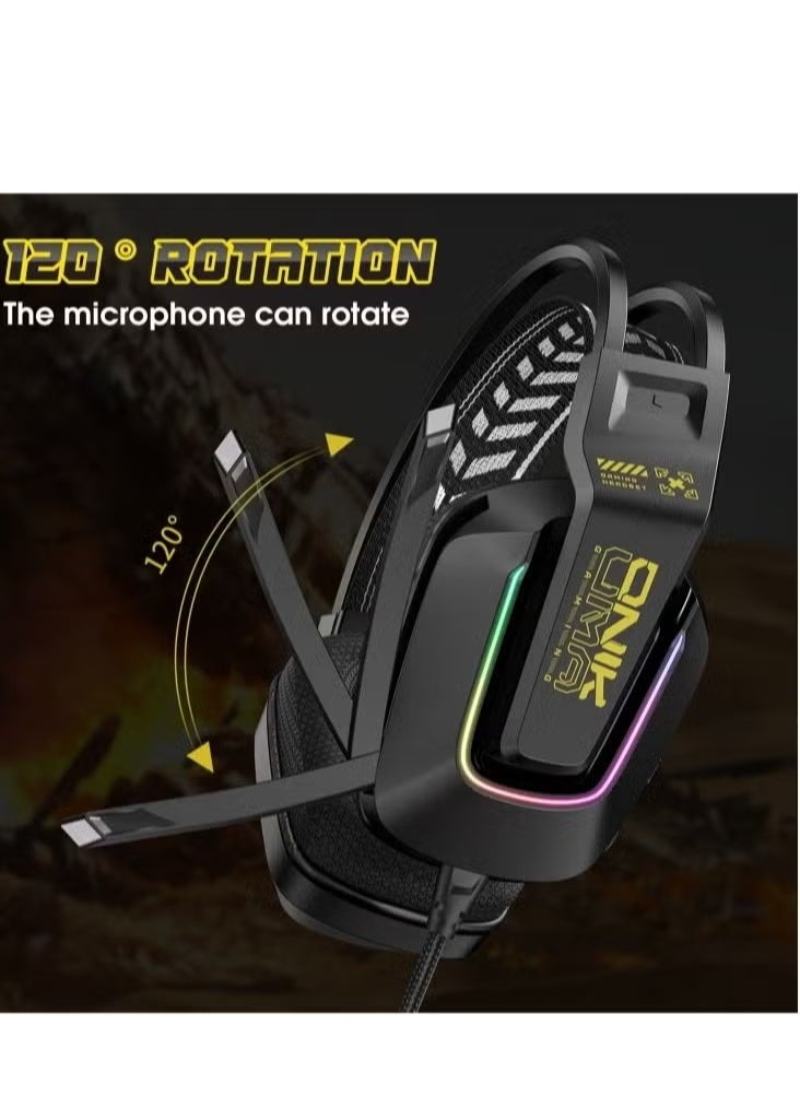 onikuma - X13 RGB Colorful Lighting Wired Gaming Headset with Microphone – 2.2m Cable, Immersive Stereo Sound, Noise-Cancelling Mic, Adjustable Headband – Comfortable Over-Ear Design, Perfect for Gaming, Streaming, and Communication – Compatible with PC, PS4, Xbox, and Mobile Devices – Black - Image 1