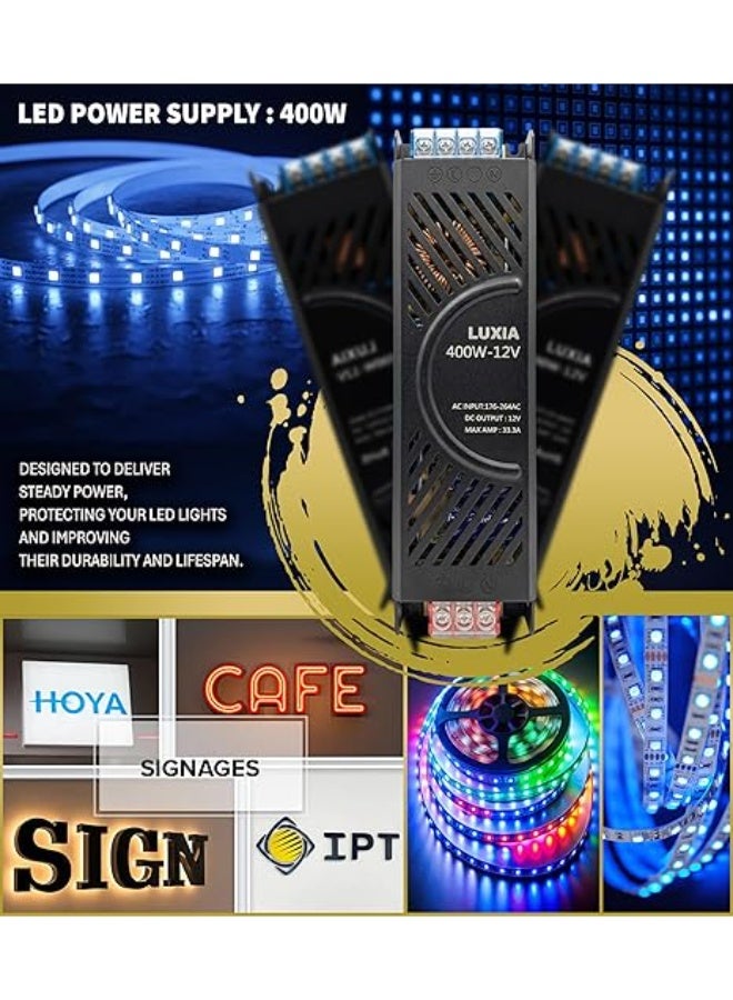 محول جهد منخفض 12 فولت بقدرة 400 واط - مزود طاقة LED نحيف بمعيار IP67 لشرائط الإضاءة ولوحات العرض ومصابيح LED، تشغيل هادئ، إضاءة ثابتة خالية من الوميض - Image 4