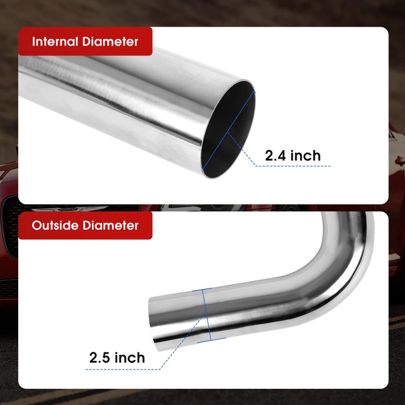 Richeer 2.5 inch O.D. T304 Stainless Steel DIY Custom Exhaust Tubing Mandrel Bend Exhaust Pipe Straight & U-bend Kit (45/90/180 Degree Set of 8) Polished Surface, Universal Fit - Image 2