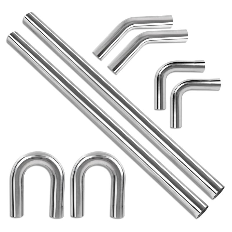 Richeer 2.5 inch O.D. T304 Stainless Steel DIY Custom Exhaust Tubing Mandrel Bend Exhaust Pipe Straight & U-bend Kit (45/90/180 Degree Set of 8) Polished Surface, Universal Fit - Image 1