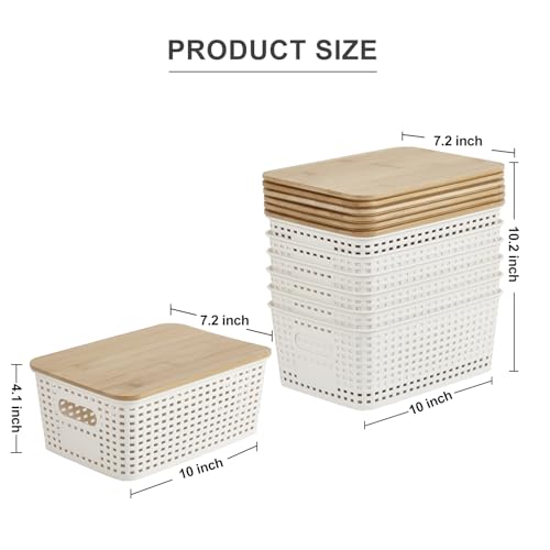 Bagnizer Small Plastic Storage Bins with Bamboo Lids 5.2qt Stackable Box Basket Pantry Decorative Containers Cute with Lable for Organizing Desktop Closet Office Cream White of 6 packs 10*7.2*4.1'’ - Image 2