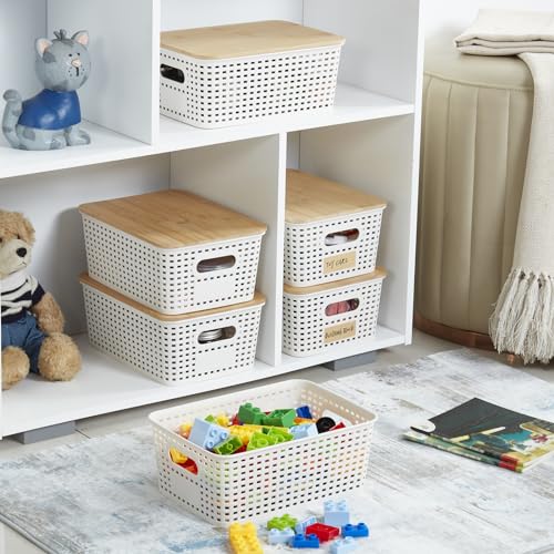 Bagnizer Small Plastic Storage Bins with Bamboo Lids 5.2qt Stackable Box Basket Pantry Decorative Containers Cute with Lable for Organizing Desktop Closet Office Cream White of 6 packs 10*7.2*4.1'’ - Image 4