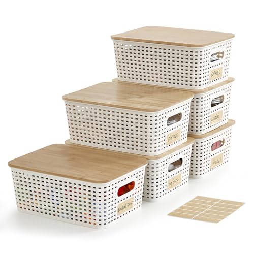 Bagnizer Small Plastic Storage Bins with Bamboo Lids 5.2qt Stackable Box Basket Pantry Decorative Containers Cute with Lable for Organizing Desktop Closet Office Cream White of 6 packs 10*7.2*4.1'’ - Image 1