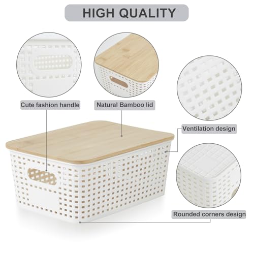 Bagnizer Small Plastic Storage Bins with Bamboo Lids 5.2qt Stackable Box Basket Pantry Decorative Containers Cute with Lable for Organizing Desktop Closet Office Cream White of 6 packs 10*7.2*4.1'’ - Image 3