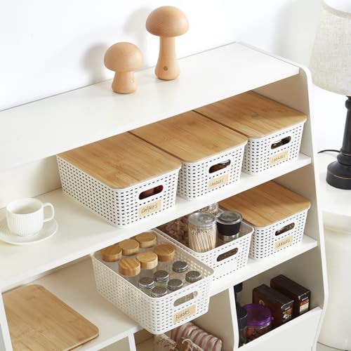 Bagnizer Small Plastic Storage Bins with Bamboo Lids 5.2qt Stackable Box Basket Pantry Decorative Containers Cute with Lable for Organizing Desktop Closet Office Cream White of 6 packs 10*7.2*4.1'’ - Image 5