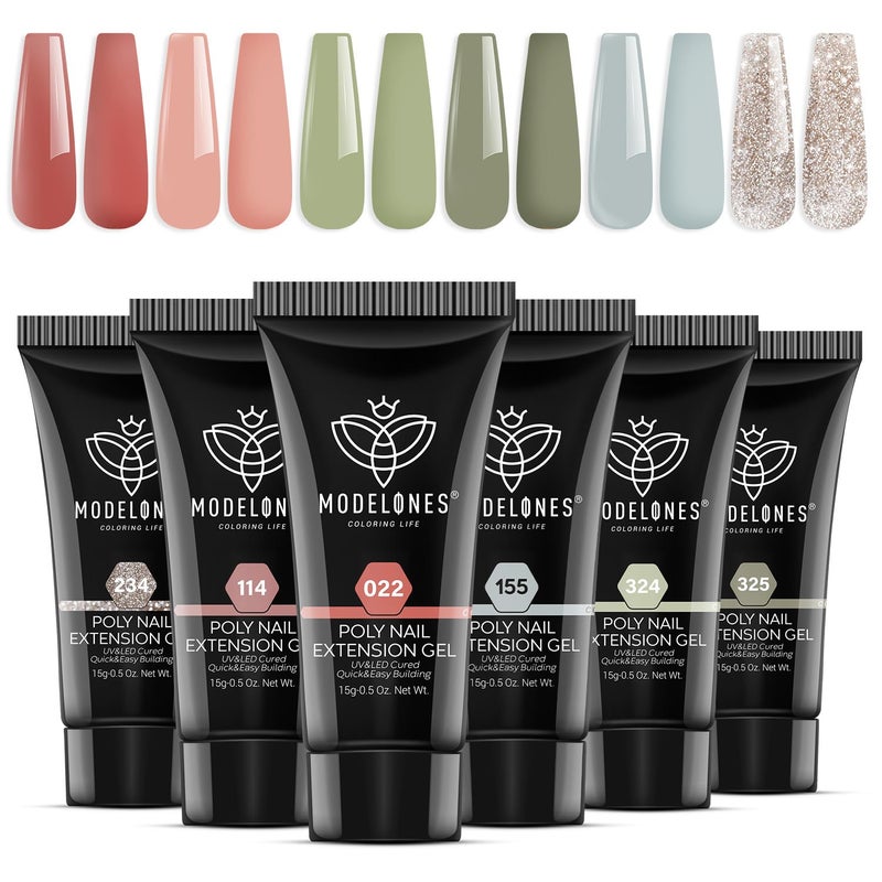 Modelones 6 Colors Poly Nail Gel Set Poly Nail Extension Gel Colors Tubes Kit Glitter Nude Coral Green Light Blue All Seasons Manicure Salon at Home - Image 1