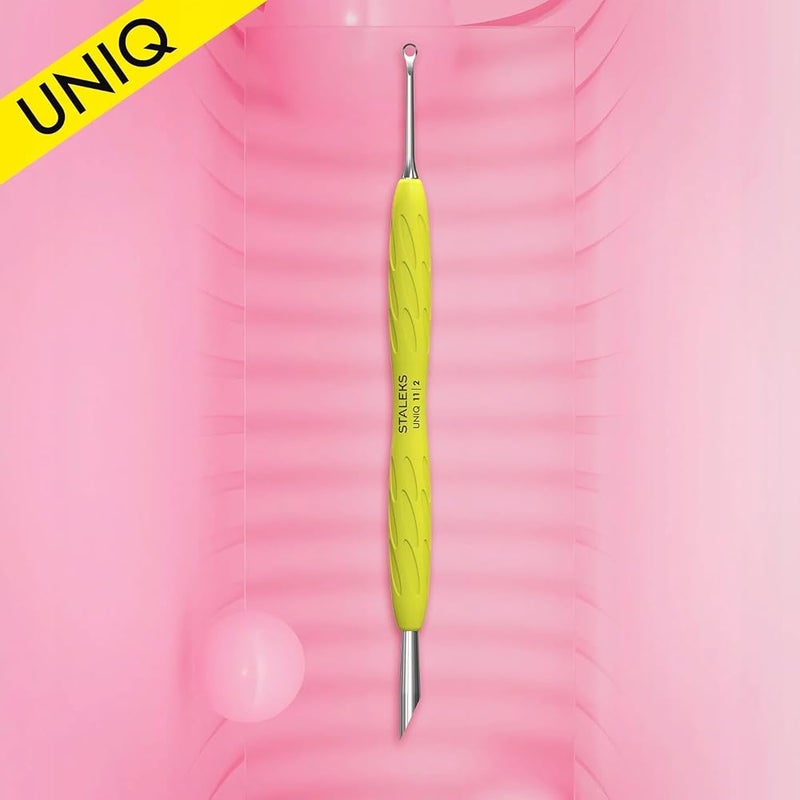 Staleks UNIQ PQ-11/2Y Professional Cuticle Pusher Yellow Silicone Handle Manicure Pedicure Stainless Steel Sterilizable (Ring + Slider) + Set - 2pcs(1pcs)