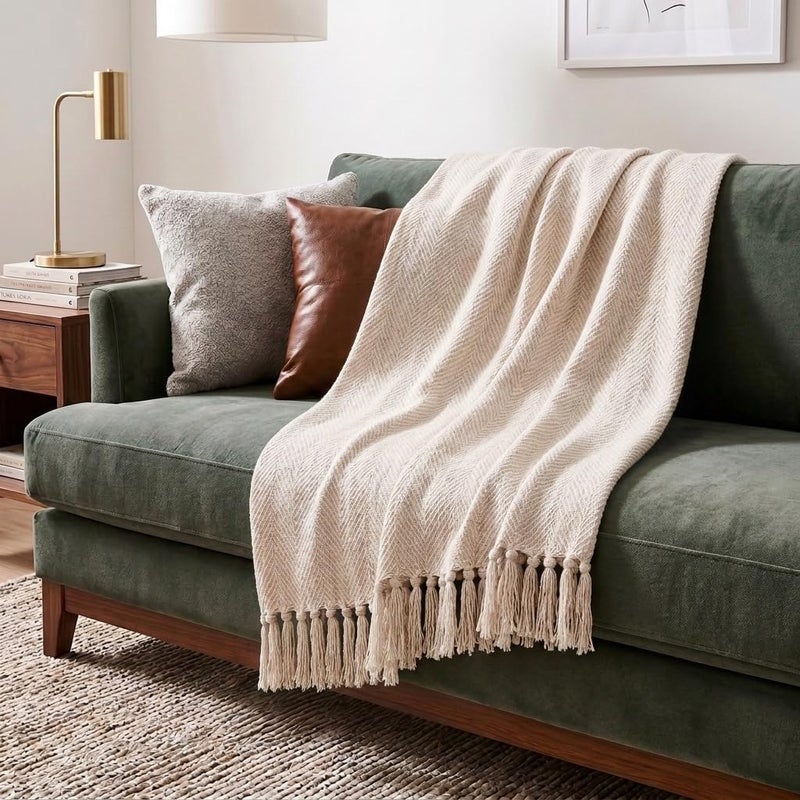 Americanflat 50x60 Cotton Throw Blanket for Couch with Fringe-Decorative Accent for Chairs, Bedrooms, Office and for Outdoor Use, Cream Herringbone - Image 1