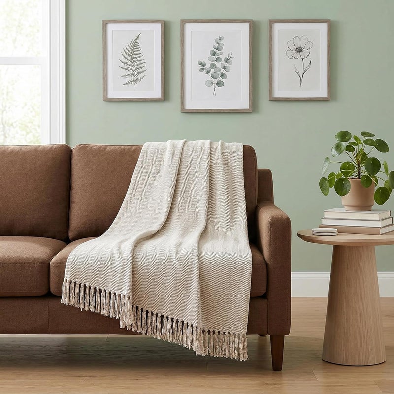 Americanflat 50x60 Cotton Throw Blanket for Couch with Fringe-Decorative Accent for Chairs, Bedrooms, Office and for Outdoor Use, Cream Herringbone - Image 4