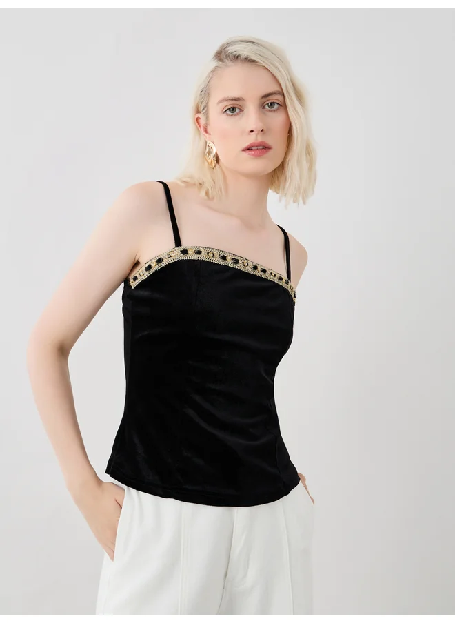 Take Two Take Two Solid Velvet Look Lace Insert Cami Top