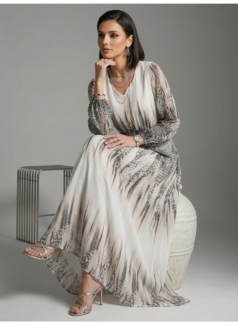 Monochromatic Abstract Animal Print Maxi Dress with Bishop Sleeves - Image 2