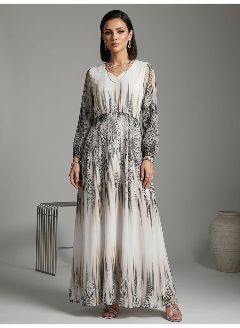 Monochromatic Abstract Animal Print Maxi Dress with Bishop Sleeves - Image 1