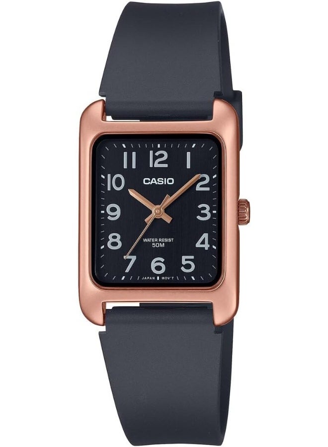 Casio Men’s/Unisex MTP‑B175‑5BVDF Analog Watch – Rose‑Gold Rectangular Aluminum Case, Black Dial with Grey Index, Resin Band, Slim 34.5 × 26.4 mm, 50 M Water‑Resistant, 3‑Hand Quartz