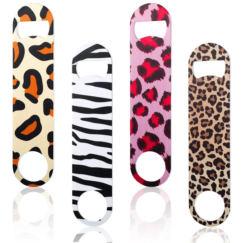 Vesici 4 Pcs Flat Bottle Opener Heavy Duty Stainless Steel Bottle Opener Beer Flask Tools for Kitchen Bar Restaurant, 7 Inches(Leopard Print) - Image 1