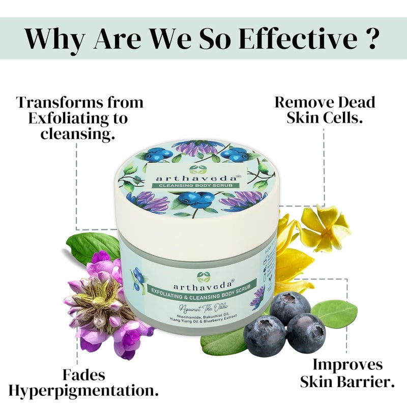 Arthaveda Cleansing  Exfoliating Body Scrub Against The Odds  2 in 1 formula with Sugar Niacinamide Bakuchiol Oil and Blueberry Extract  Scrub to Foam Formula  For DeTanning  Dead Skin  200 Gm - Image 2