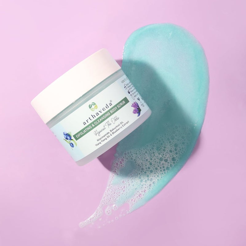 Arthaveda Cleansing  Exfoliating Body Scrub Against The Odds  2 in 1 formula with Sugar Niacinamide Bakuchiol Oil and Blueberry Extract  Scrub to Foam Formula  For DeTanning  Dead Skin  200 Gm - Image 3