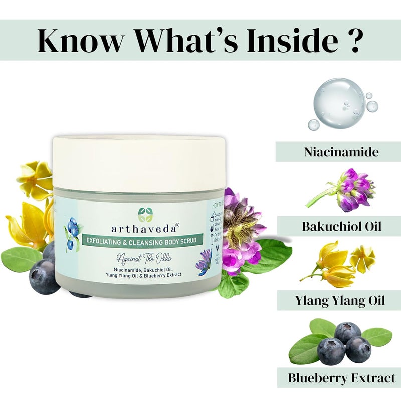 Arthaveda Cleansing  Exfoliating Body Scrub Against The Odds  2 in 1 formula with Sugar Niacinamide Bakuchiol Oil and Blueberry Extract  Scrub to Foam Formula  For DeTanning  Dead Skin  200 Gm - Image 4