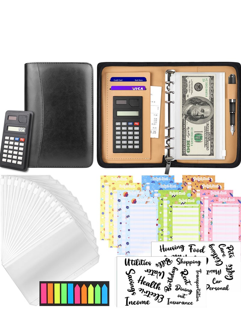 SYOSI Budget Binder with Zipper Envelopes, Cash Envelopes for Budgeting, A6 PU Leather Budget Planner with Cash Envelopes Calculator, Bill Money Organizer for Cash Saving Budget System Wallet (Black)  - Image 1